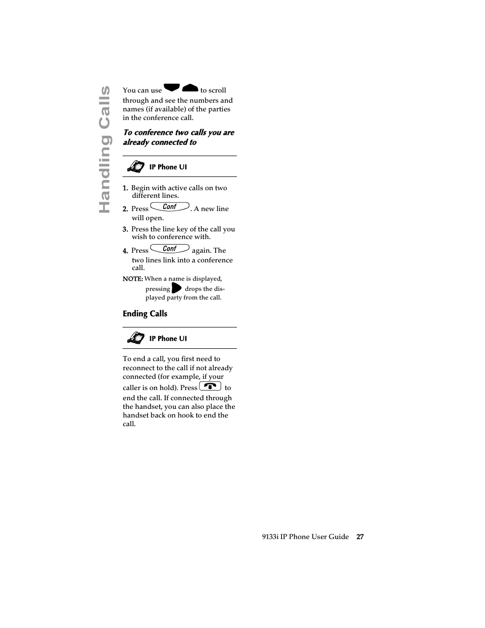 Ending calls, Handling cal ls | Aastra Telecom 9133i (USER GUIDE) User Manual | Page 33 / 53