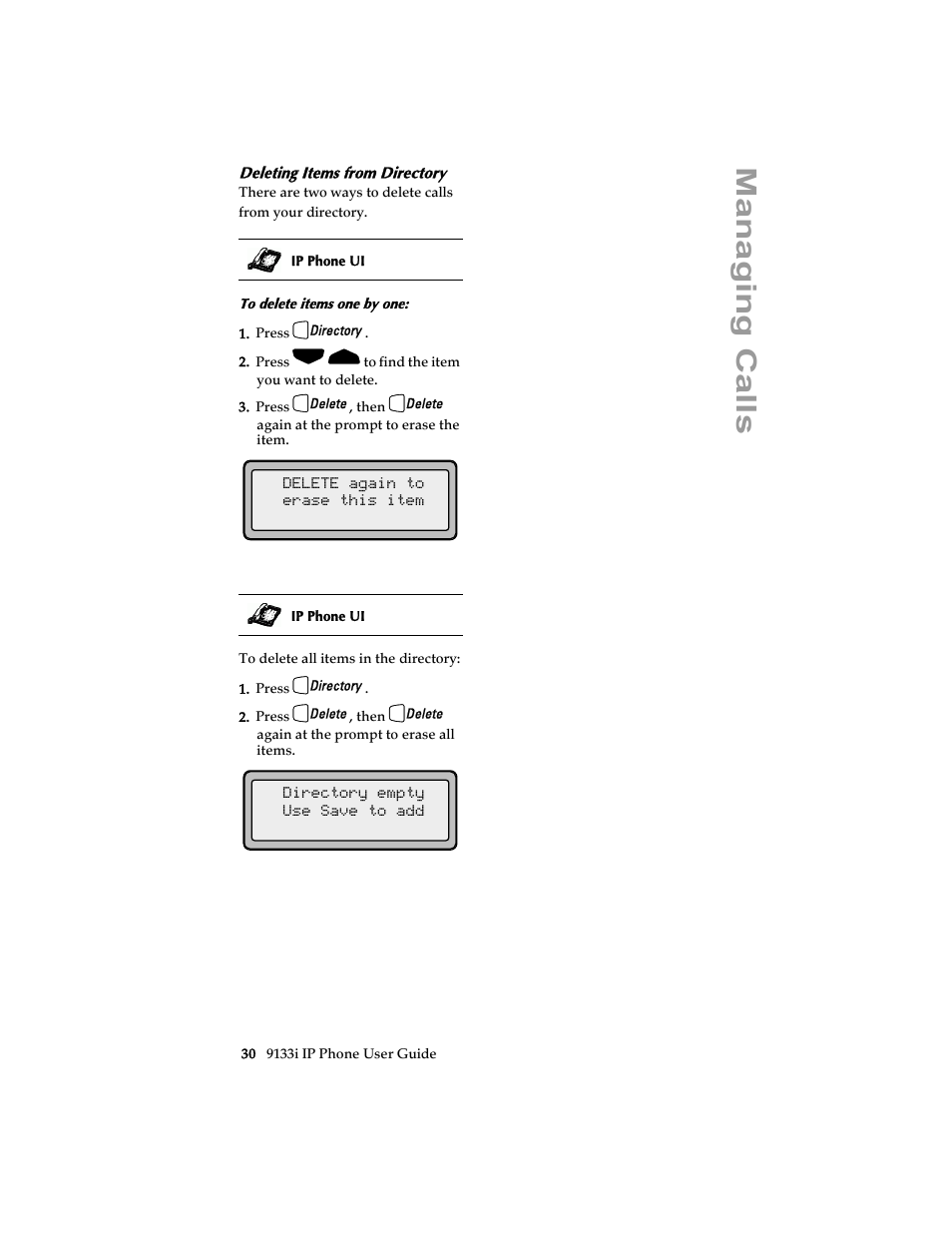 Deleting items from directory, Managing calls | Aastra Telecom 9133i (USER GUIDE) User Manual | Page 36 / 53