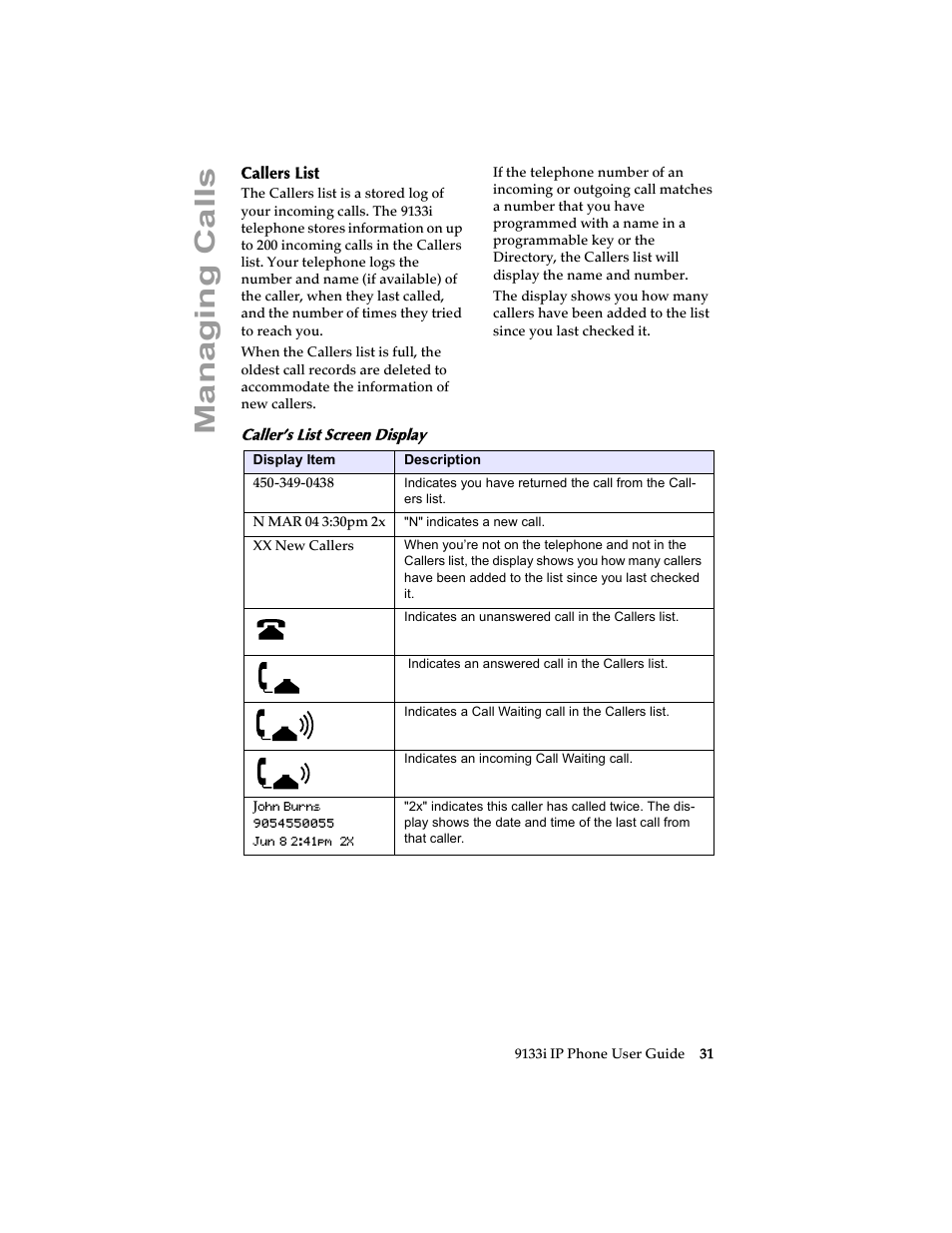 Callers list, Caller’s list screen display, Managing cal ls | Aastra Telecom 9133i (USER GUIDE) User Manual | Page 37 / 53