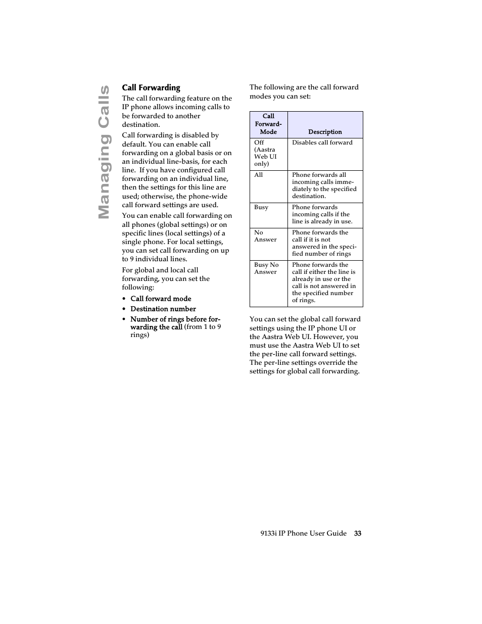 Call forwarding, Managing cal ls | Aastra Telecom 9133i (USER GUIDE) User Manual | Page 39 / 53
