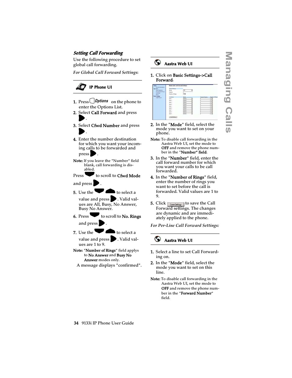 Setting call forwarding, Managing calls | Aastra Telecom 9133i (USER GUIDE) User Manual | Page 40 / 53