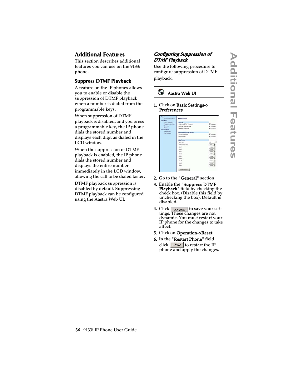 Additional features, Suppress dtmf playback, Configuring suppression of dtmf playback | Ad ditional features | Aastra Telecom 9133i (USER GUIDE) User Manual | Page 42 / 53
