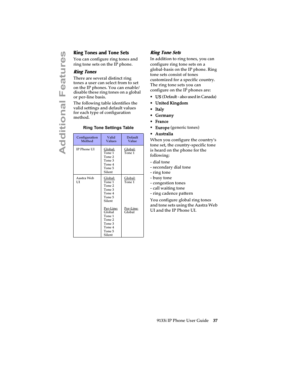Ring tones and tone sets, Ring tones, Ring tone sets | Additional features | Aastra Telecom 9133i (USER GUIDE) User Manual | Page 43 / 53