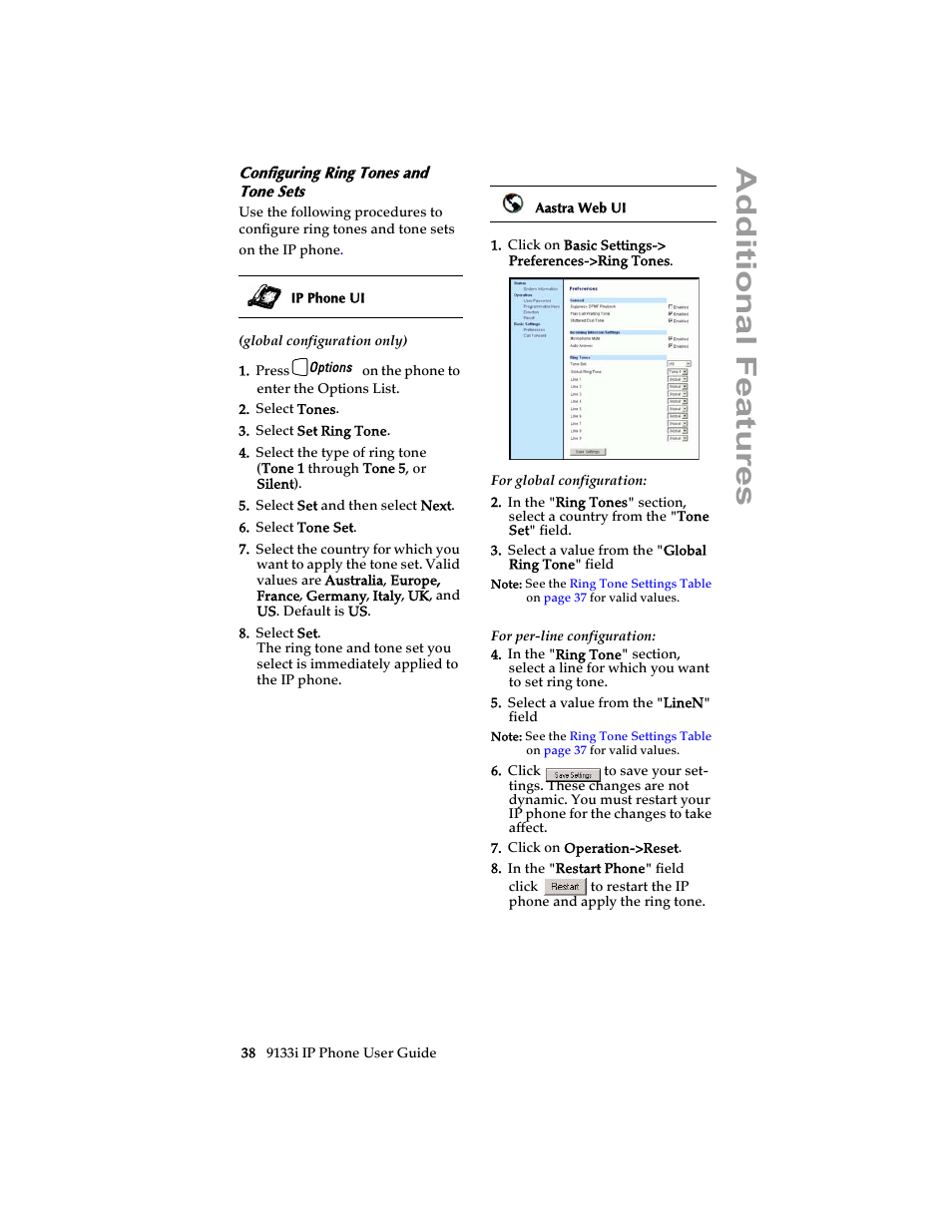 Configuring ring tones and tone sets, Ad ditional features | Aastra Telecom 9133i (USER GUIDE) User Manual | Page 44 / 53