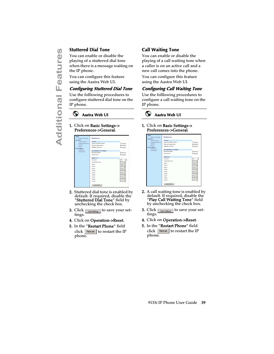 Stuttered dial tone, Configuring stuttered dial tone, Call waiting tone | Configuring call waiting tone, Stuttered dial tone call waiting tone, Additional features | Aastra Telecom 9133i (USER GUIDE) User Manual | Page 45 / 53