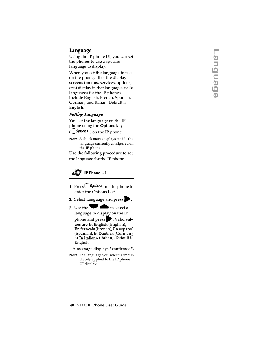 Language, Setting language | Aastra Telecom 9133i (USER GUIDE) User Manual | Page 46 / 53