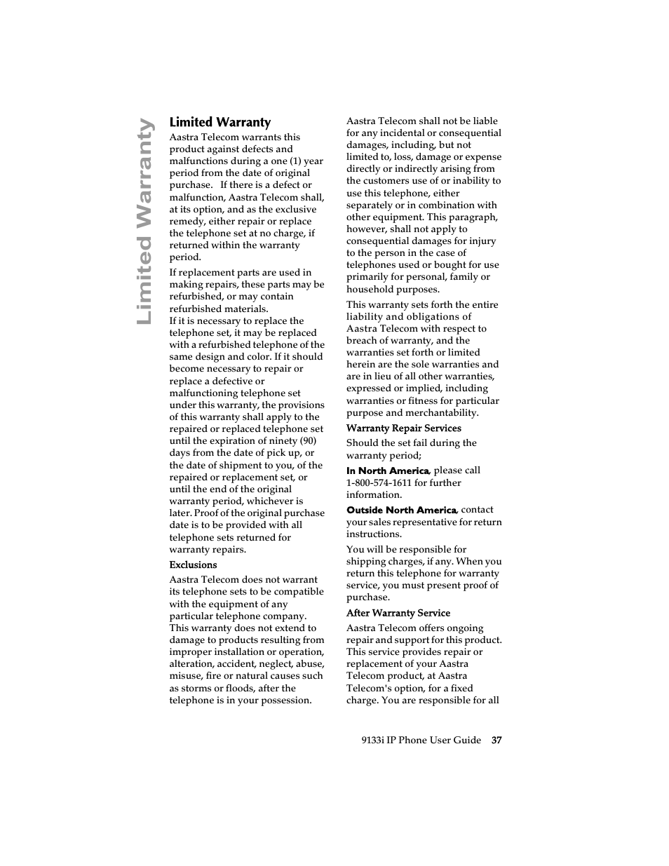 Limited warranty | Aastra Telecom 9133i (USER GUIDE) User Manual | Page 49 / 53