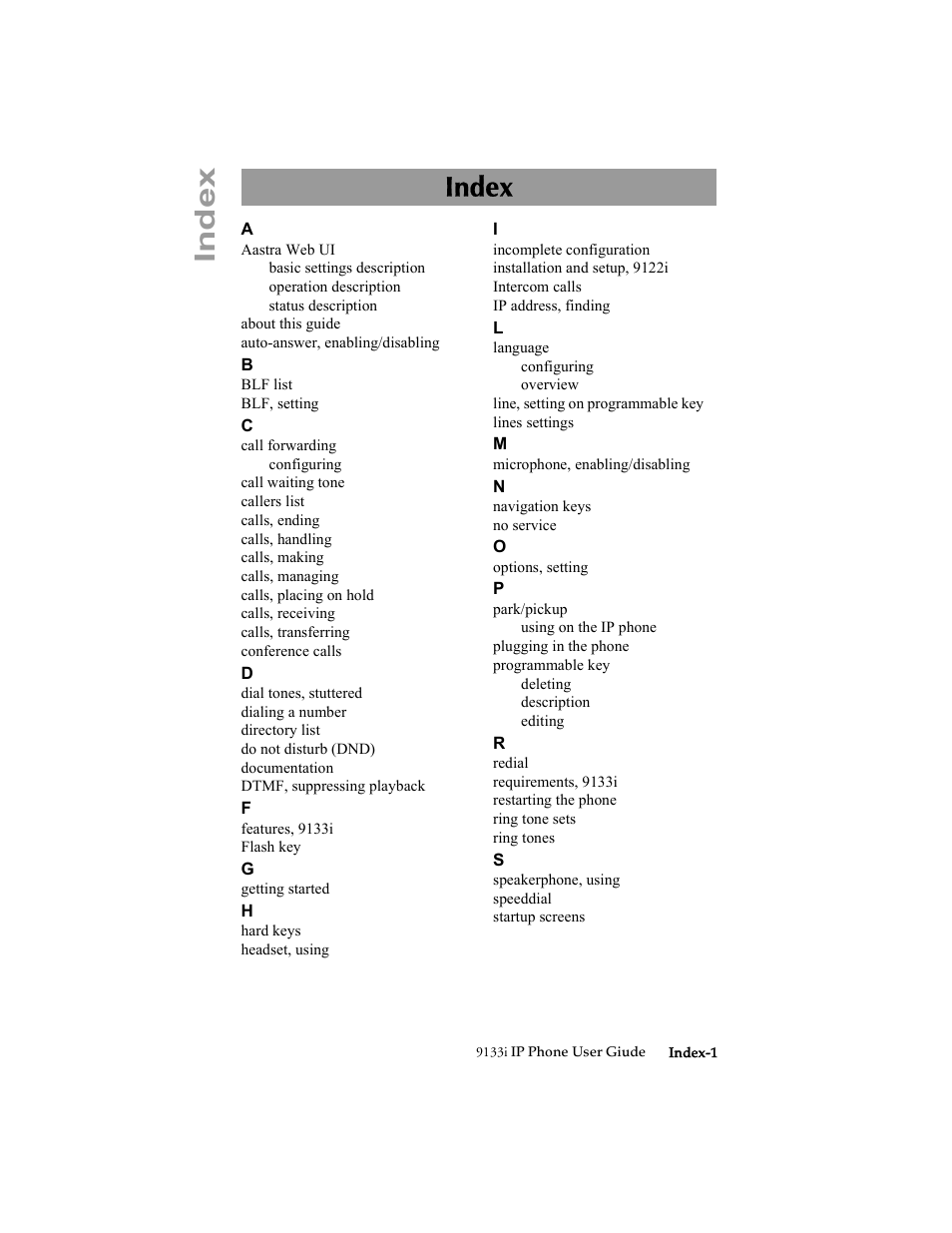 Index | Aastra Telecom 9133i (USER GUIDE) User Manual | Page 51 / 53