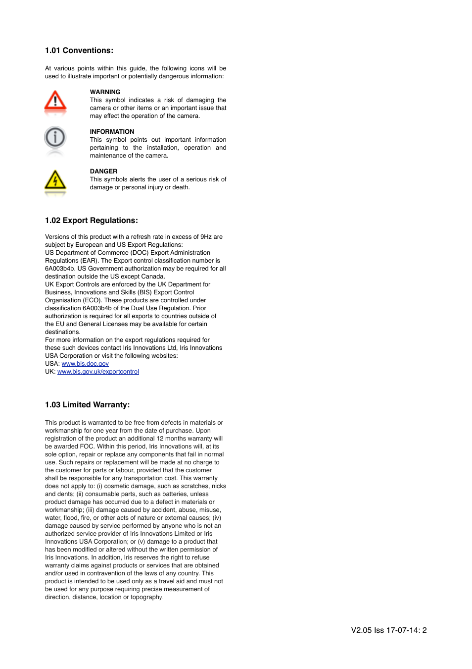 01 conventions, 02 export regulations, 03 limited warranty | I.R.I.S. 295 User Manual | Page 2 / 22
