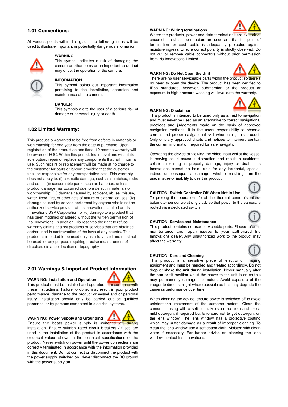 01 conventions, 02 limited warranty, 01 warnings & important product information | I.R.I.S. 595 User Manual | Page 2 / 10