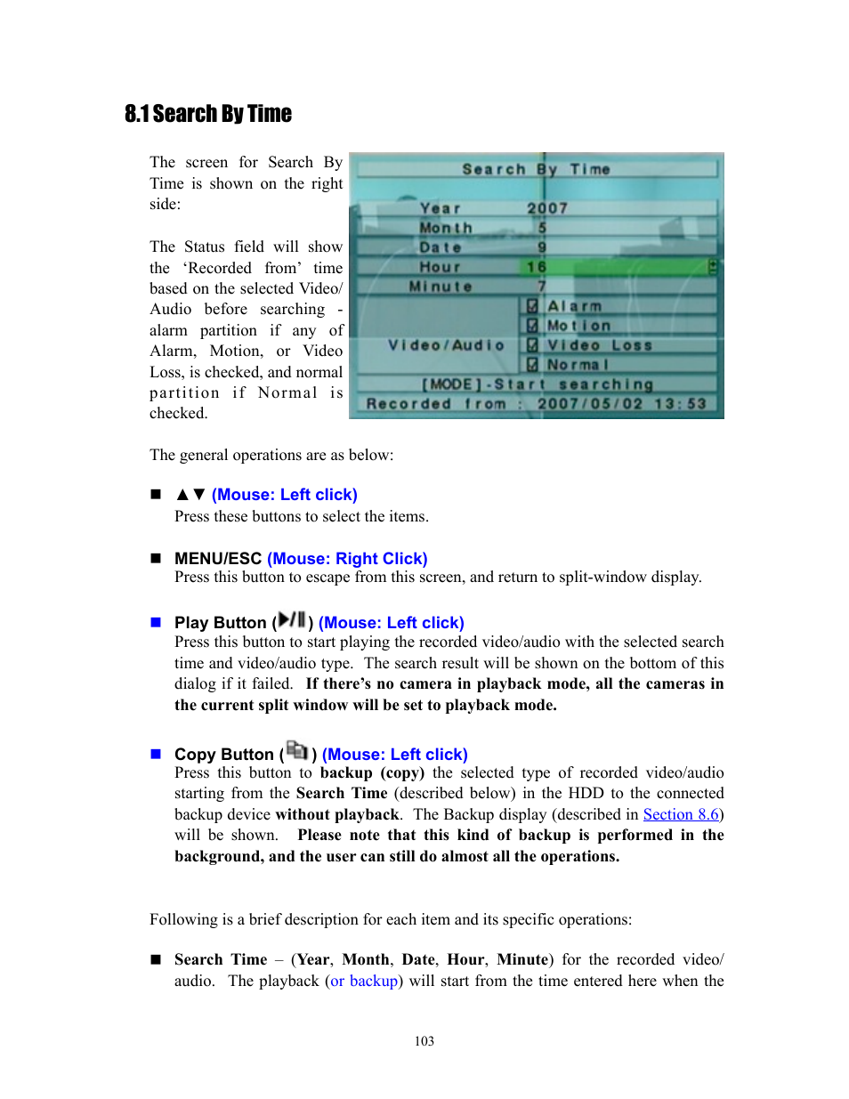 1 search by time | I.R.I.S. 808 Digital Video Recorder User Manual | Page 103 / 147
