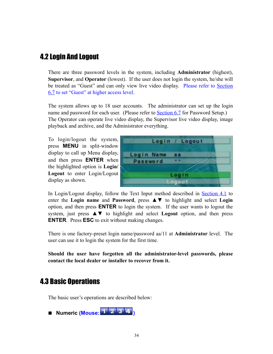 2 login and logout, 3 basic operations | I.R.I.S. 808 Digital Video Recorder User Manual | Page 34 / 147