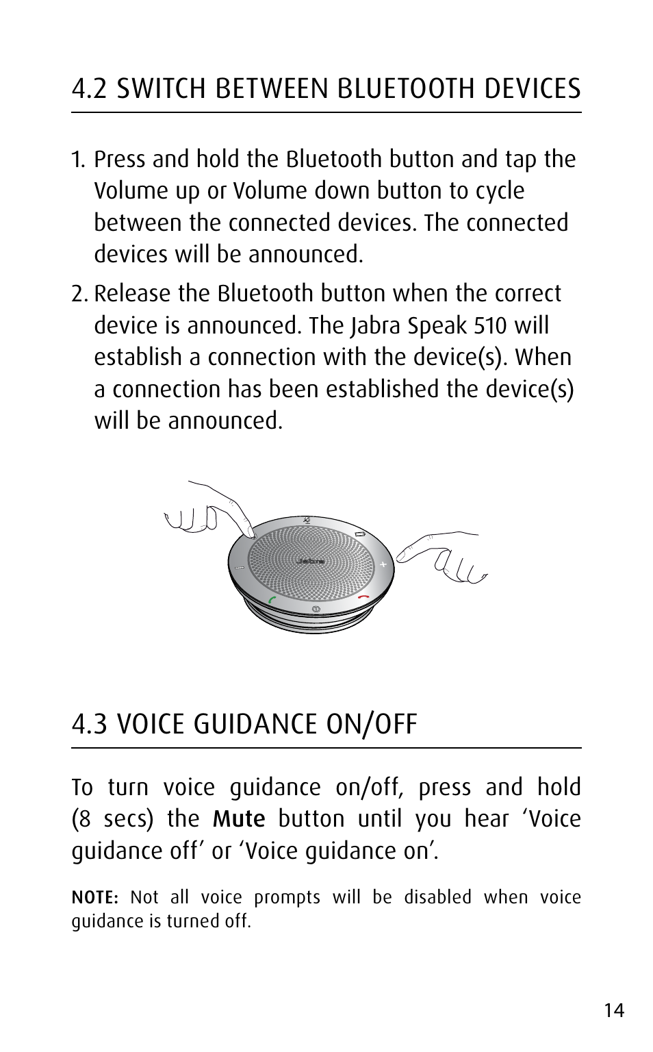 2 switch between bluetooth devices, 3 voice guidance on/off | Jabra speak 510 User Manual | Page 14 / 22