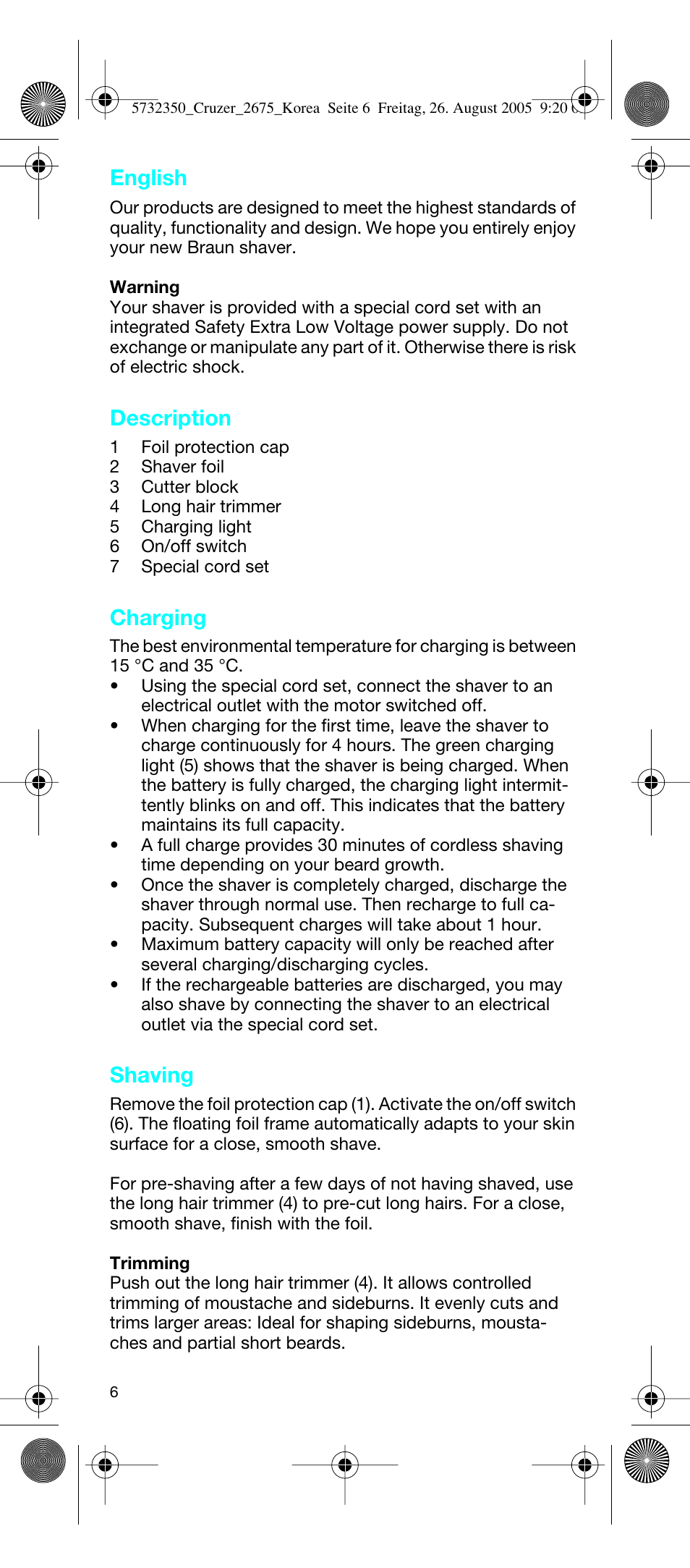 English, Description, Charging | Shaving | Braun Cruzer 2675 User Manual | Page 6 / 8