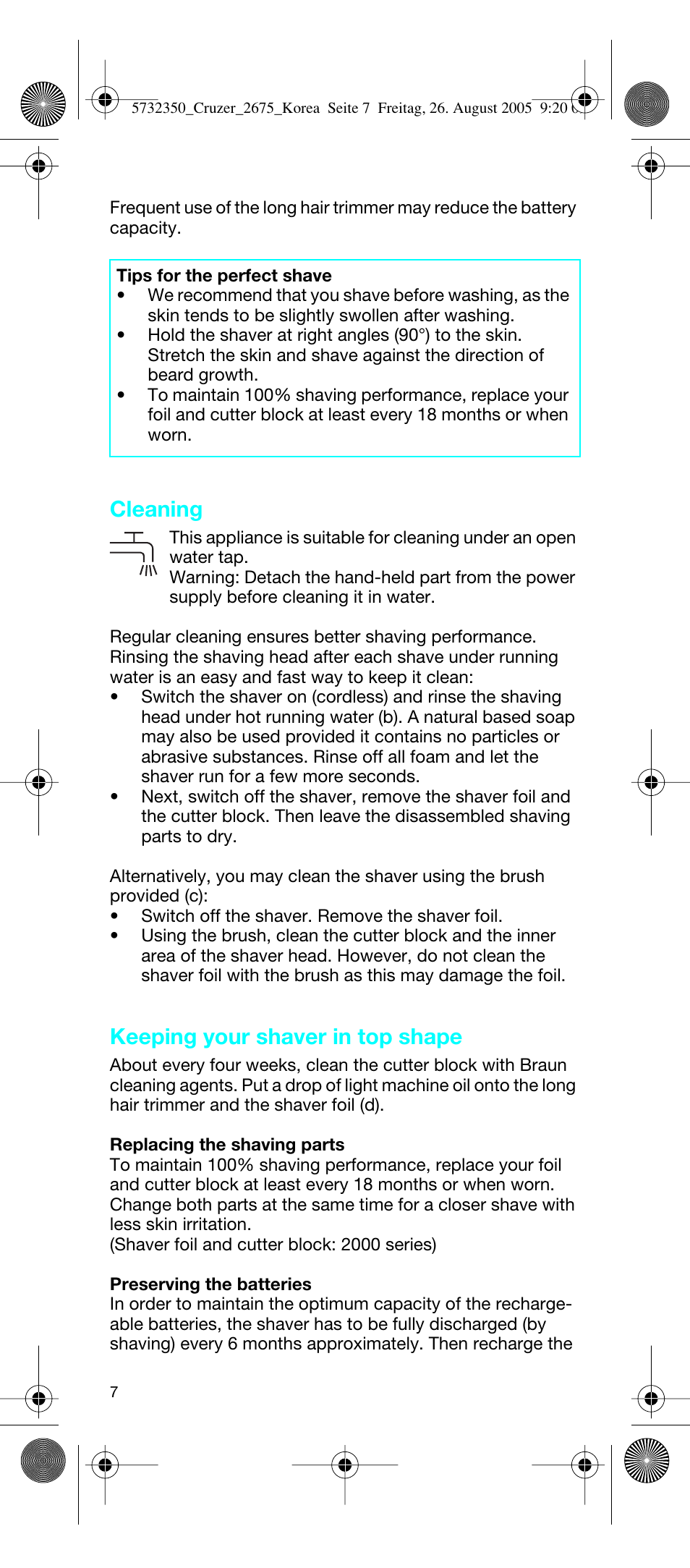 Cleaning, Keeping your shaver in top shape | Braun Cruzer 2675 User Manual | Page 7 / 8