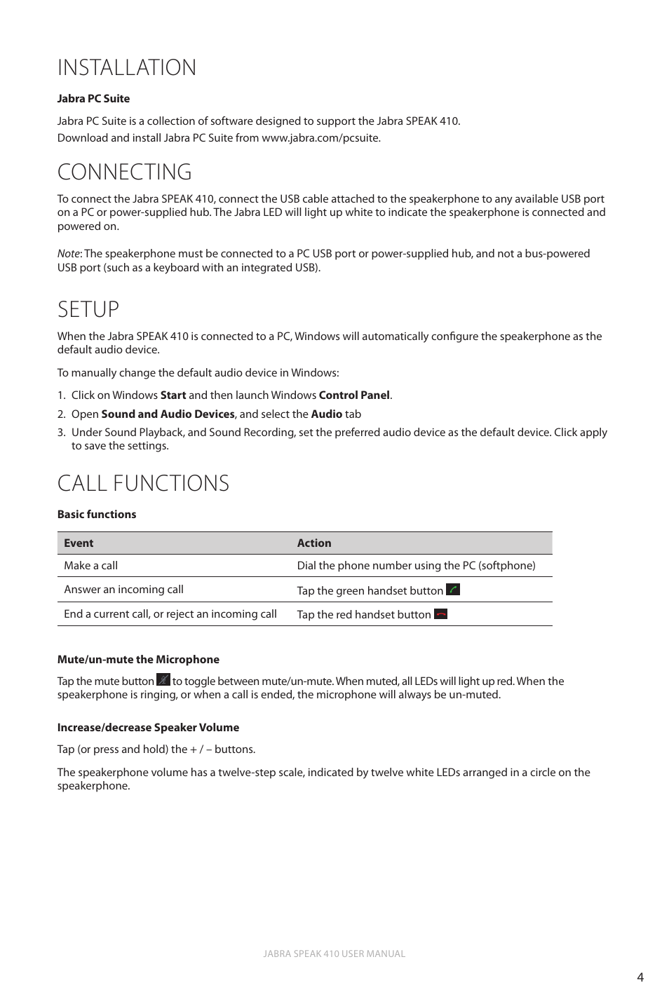 Installation, Connecting, Setup | Call functions, English | Jabra speak 410 User Manual User Manual | Page 4 / 6