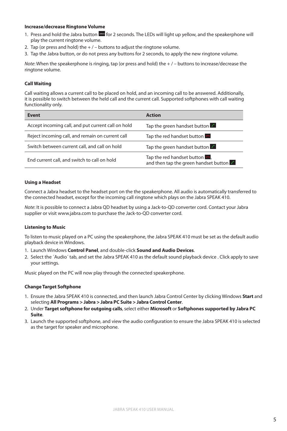 English | Jabra speak 410 User Manual User Manual | Page 5 / 6