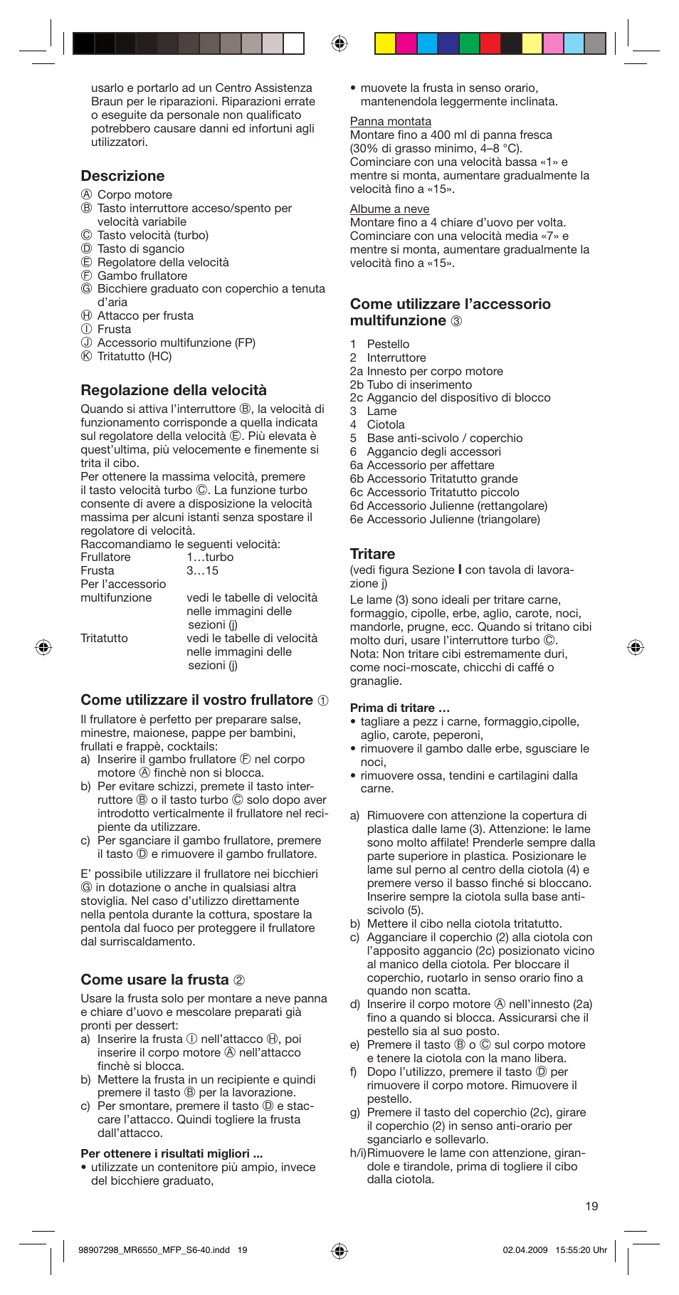 Descrizione, Regolazione della velocità, Come utilizzare il vostro frullatore 1 | Come usare la frusta 2, Come utilizzare l’accessorio multifunzione 3, Tritare | Braun turbo MR 6550 M FP-HC User Manual | Page 19 / 38