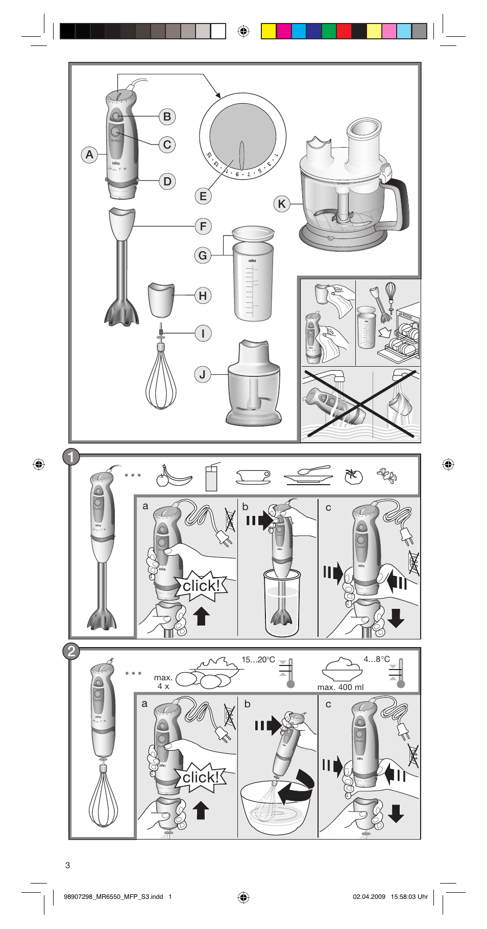 Click, Ab c b c | Braun turbo MR 6550 M FP-HC User Manual | Page 3 / 38