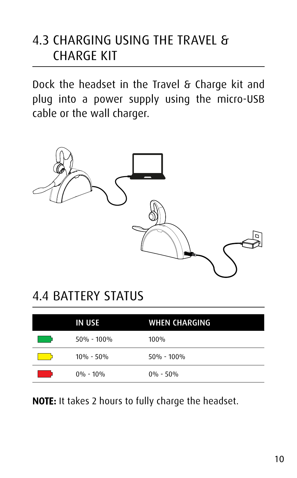 3 charging using the travel & charge kit, 4 battery status, English | Jabra MOTION UC+ User Manual User Manual | Page 10 / 31