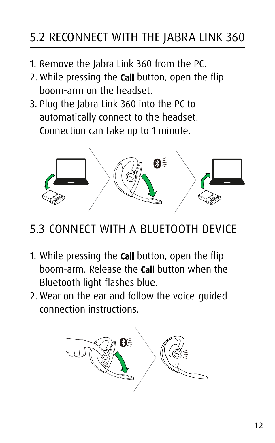 2 reconnect with the jabra link 360, 3 connect with a bluetooth device | Jabra MOTION UC+ User Manual User Manual | Page 12 / 31