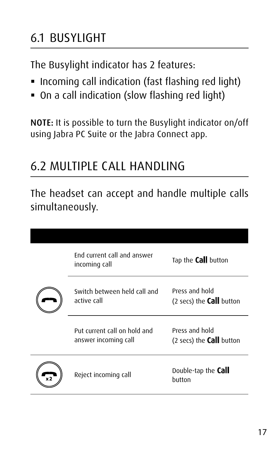 1 busylight, 2 multiple call handling, English | Jabra MOTION UC+ User Manual User Manual | Page 17 / 31
