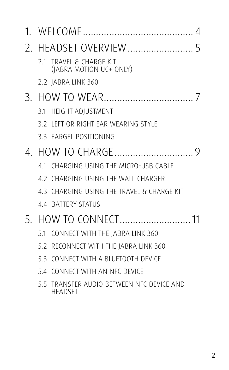 Welcome 2. headset overview, How to wear, How to charge | How to connect | Jabra MOTION UC+ User Manual User Manual | Page 2 / 31