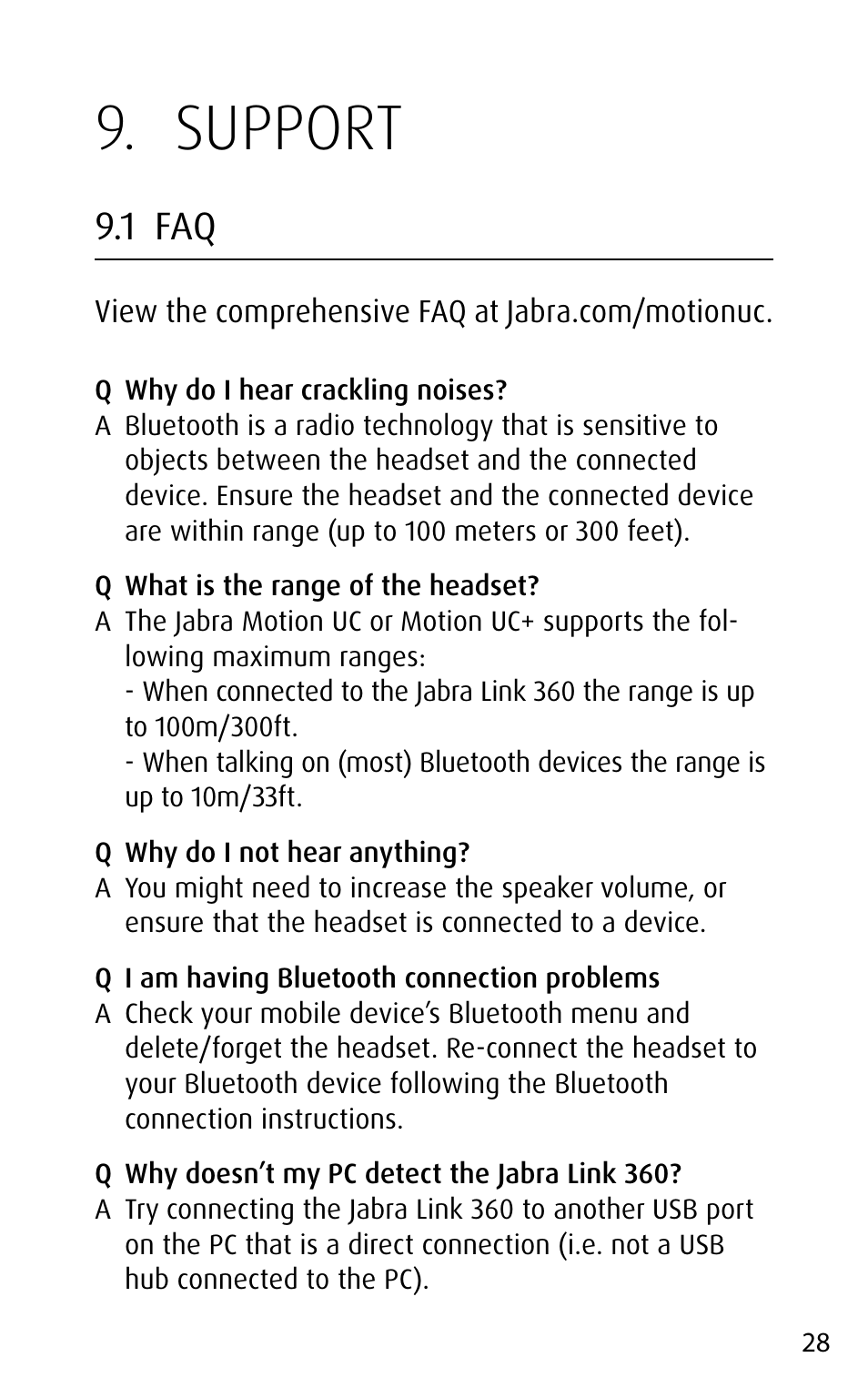 Support, 1 faq, English | Jabra MOTION UC+ User Manual User Manual | Page 28 / 31