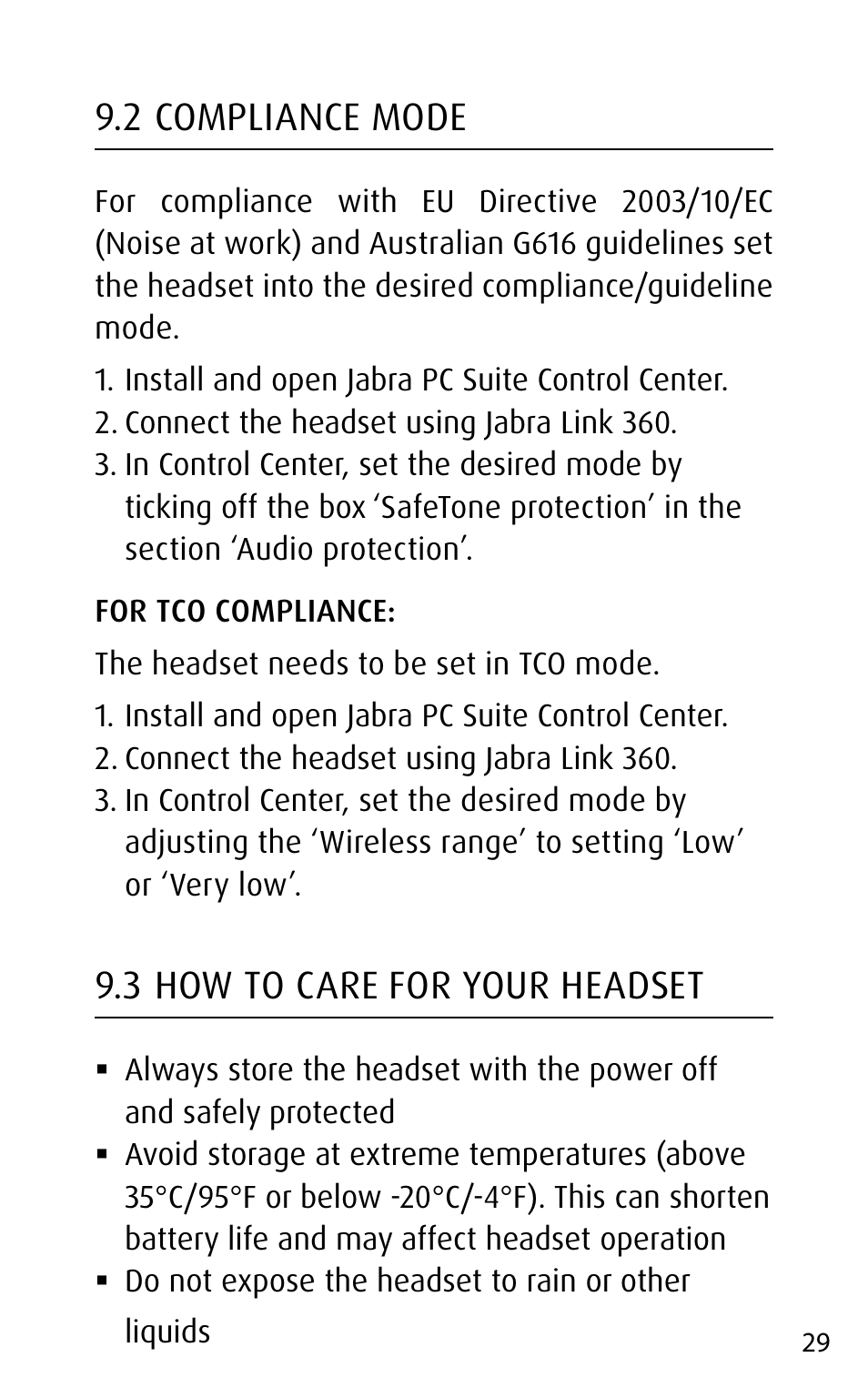 2 compliance mode, 3 how to care for your headset | Jabra MOTION UC+ User Manual User Manual | Page 29 / 31