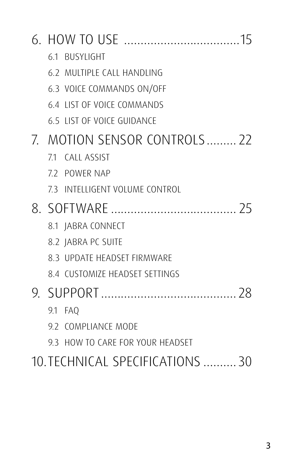 How to use, Motion sensor controls, Software | Support, Technical specifications | Jabra MOTION UC+ User Manual User Manual | Page 3 / 31
