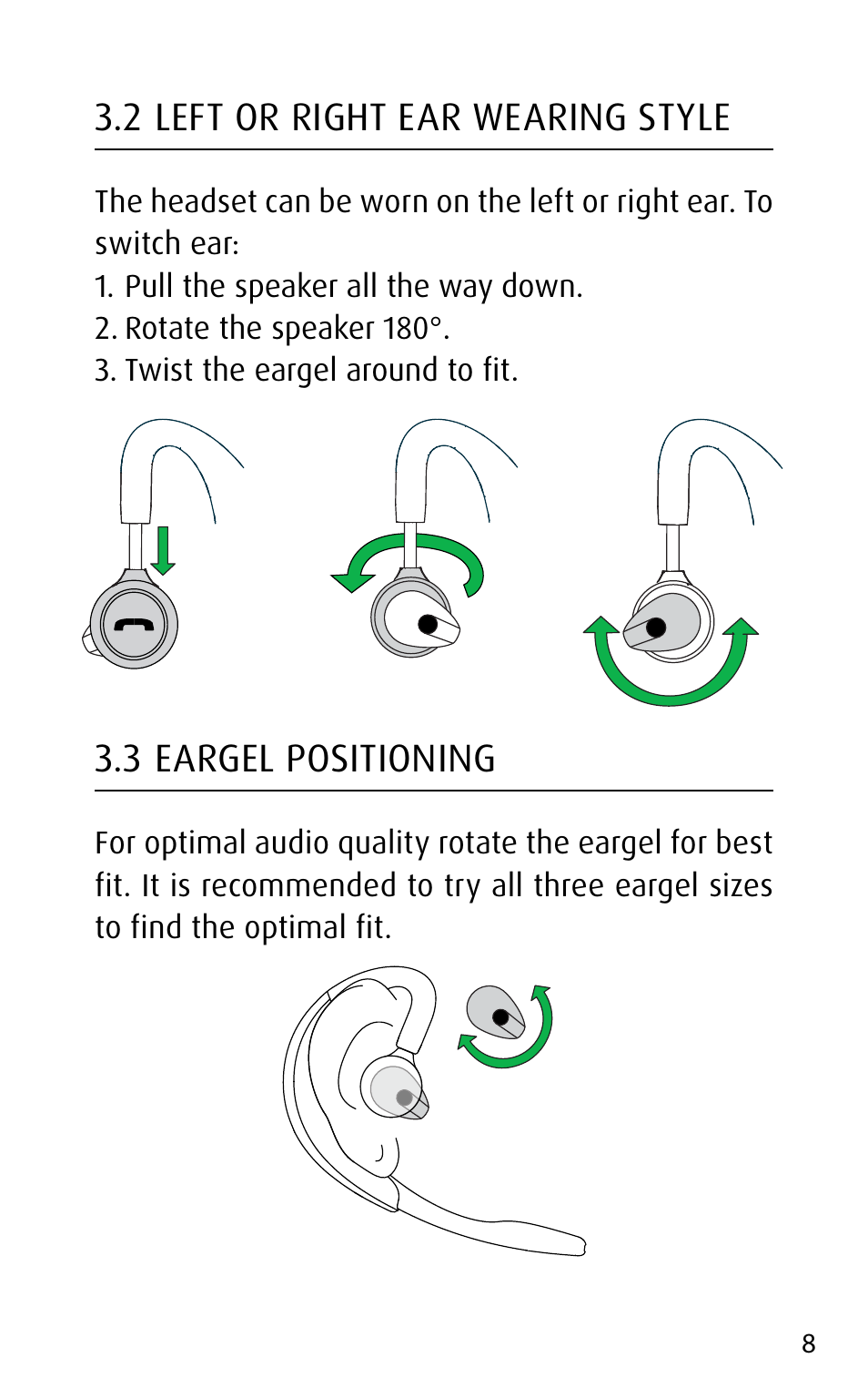 2 left or right ear wearing style, 3 eargel positioning | Jabra MOTION UC+ User Manual User Manual | Page 8 / 31