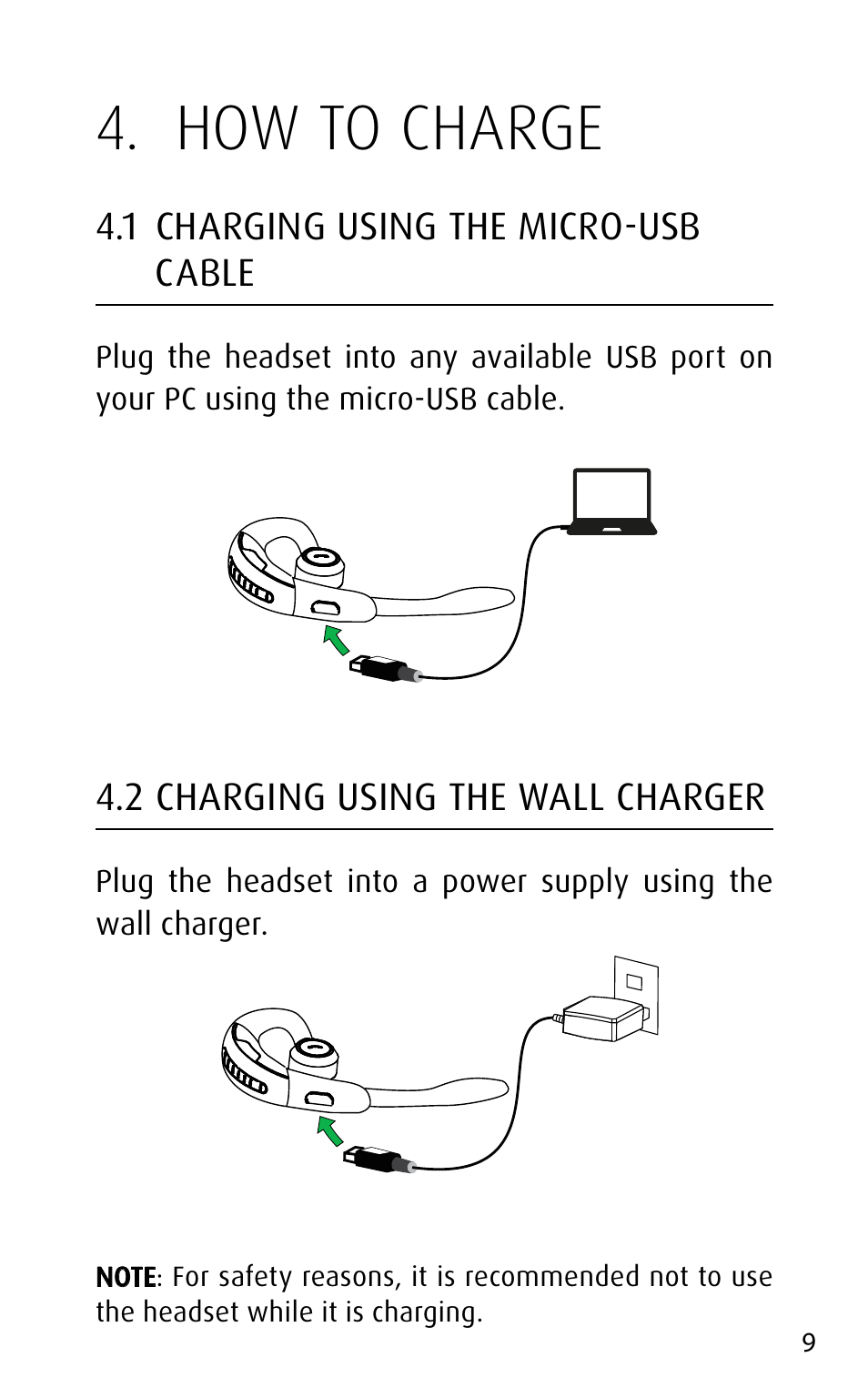 How to charge, 1 charging using the micro-usb cable, 2 charging using the wall charger | Jabra MOTION UC+ User Manual User Manual | Page 9 / 31
