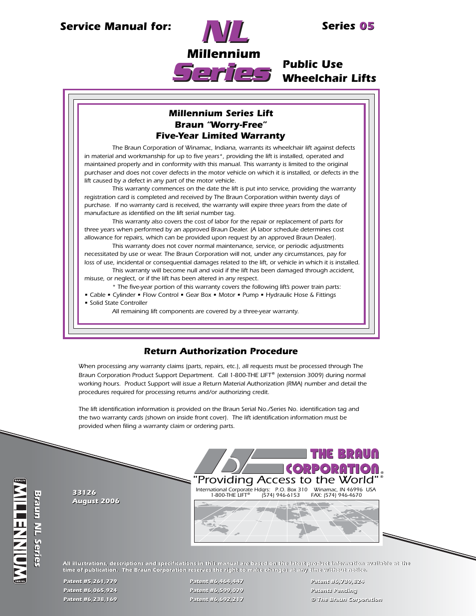 Hzg^zh, Millennium, Public use wheelchair lifts | Providing access to the world, Service manual for: 05 series 05 | Braun MILLENIUM 5 User Manual | Page 32 / 32