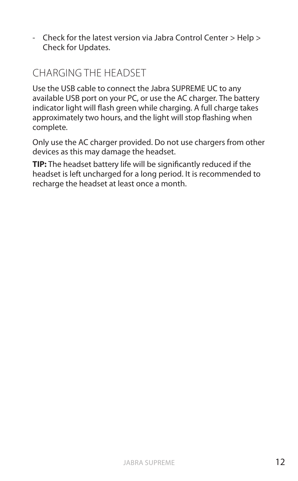 English, Charging the headset | Jabra SUPREME UC User Manual | Page 13 / 18