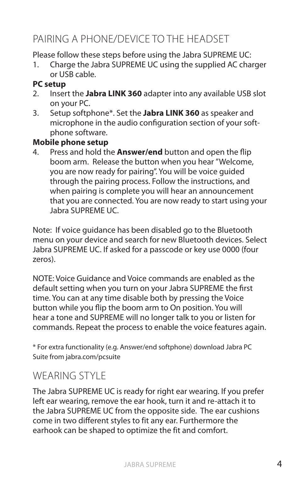 English, Pairing a phone/device to the headset, Wearing style | Jabra SUPREME UC User Manual | Page 5 / 18