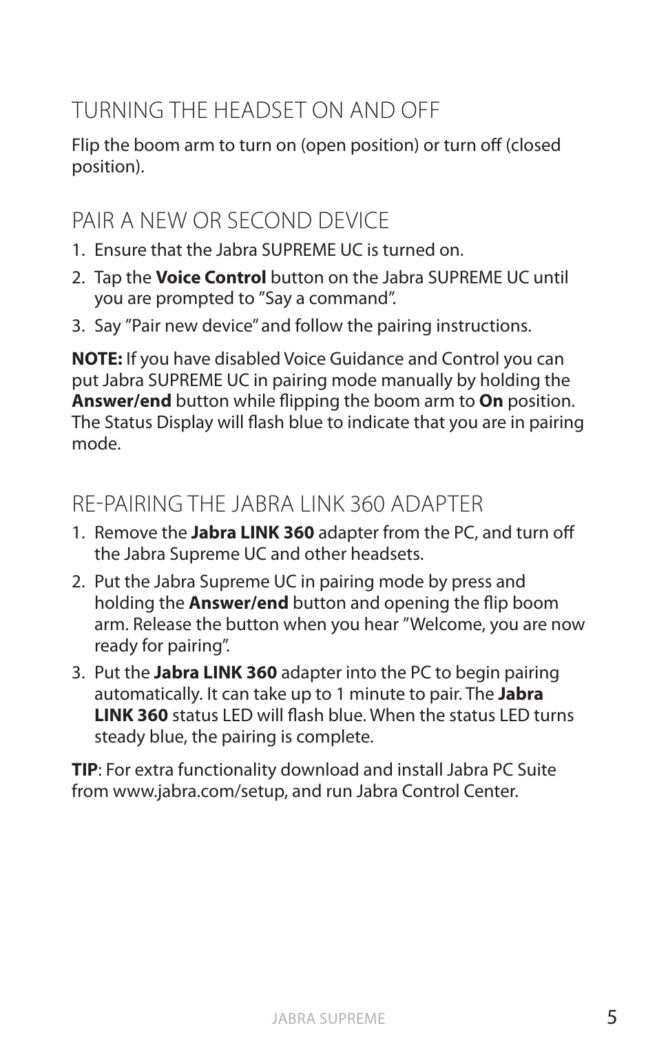 English, Turning the headset on and off, Pair a new or second device | Re-pairing the jabra link 360 adapter | Jabra SUPREME UC User Manual | Page 6 / 18