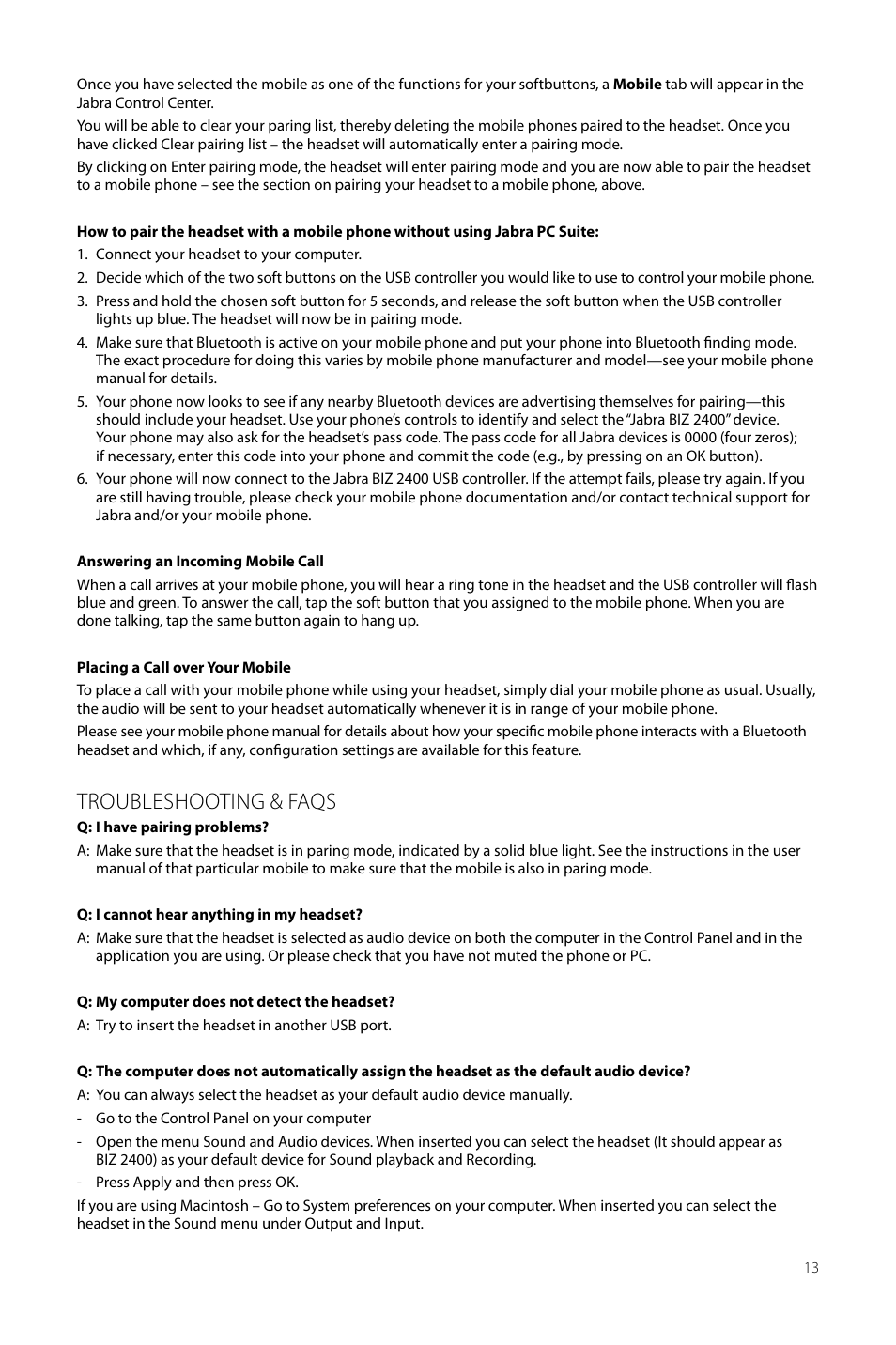 Troubleshooting & faqs | Jabra BIZ 2400 USB User Manual User Manual | Page 13 / 15