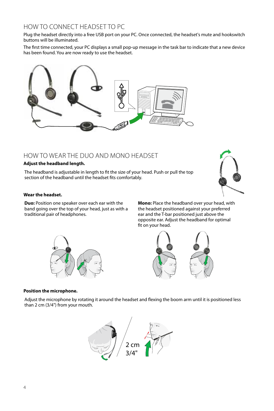 How to connect headset to pc, How to wear the duo and mono headset, 2 cm 3/4 | Jabra BIZ 2400 USB User Manual User Manual | Page 4 / 15