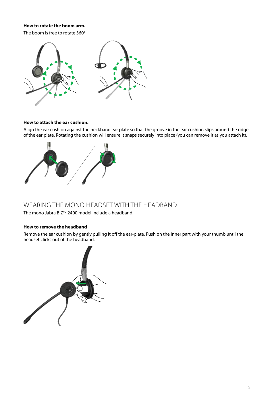 How to connect headset to pc, How to wear the duo and mono headset, Wearing the mono headset with the headband | Jabra BIZ 2400 USB User Manual User Manual | Page 5 / 15