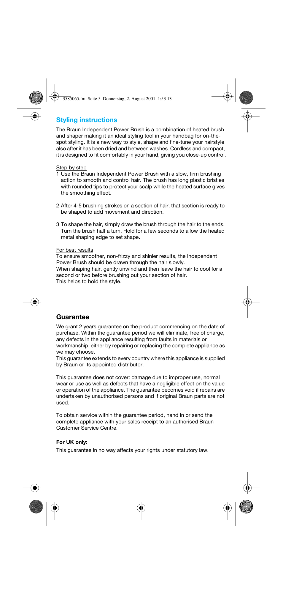 Styling instructions, Guarantee | Braun HS 3 User Manual | Page 5 / 6