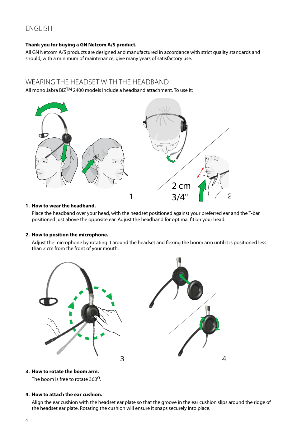 2 cm 3/4, English, Wearing the headset with the headband | Jabra BIZ 2400 User Manual User Manual | Page 4 / 11