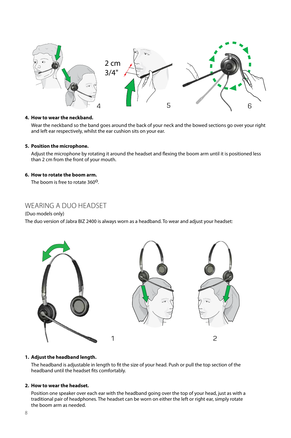 2 cm 3/4, Wearing a duo headset | Jabra BIZ 2400 User Manual User Manual | Page 8 / 11