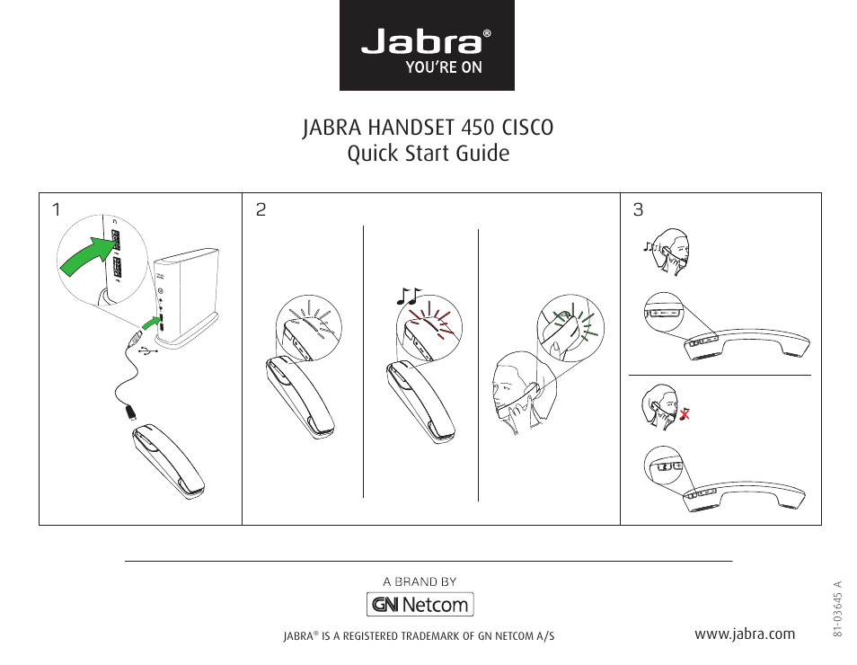 Jabra HANDSET 450 for CISCO Quick Start Guide User Manual | 1 page