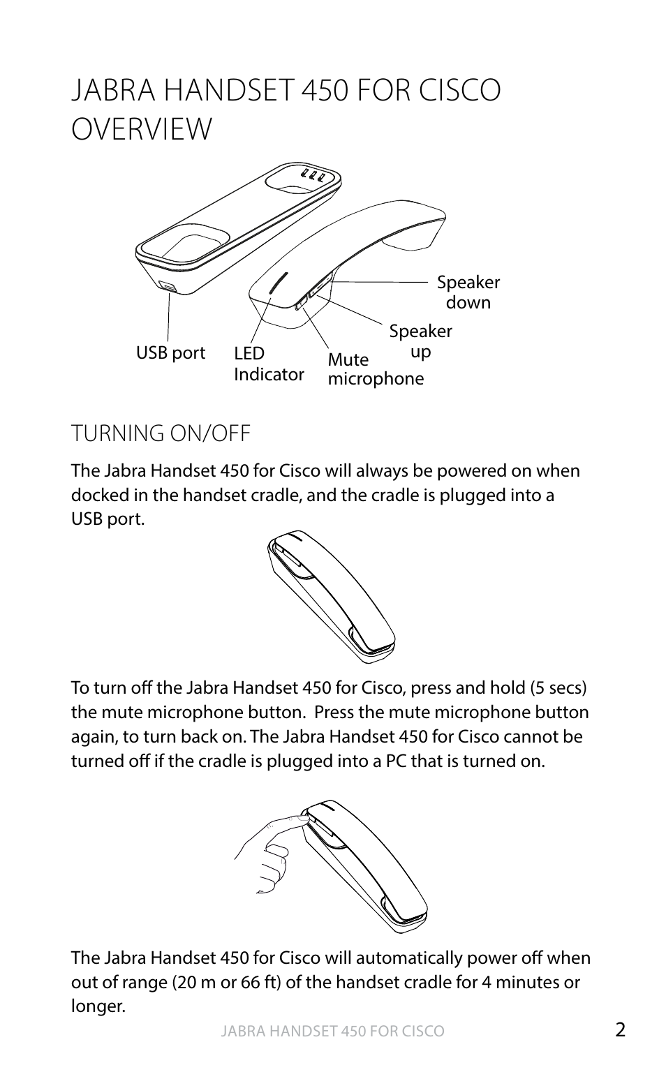 Jabra handset 450 for cisco overview, English, Turning on/off | Jabra HANDSET 450 for CISCO User Manual User Manual | Page 3 / 8