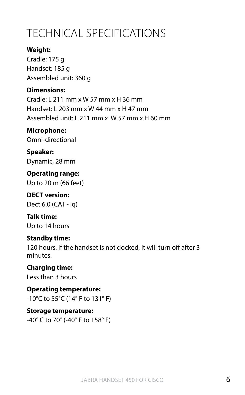 Technical specifications, English | Jabra HANDSET 450 for CISCO User Manual User Manual | Page 7 / 8