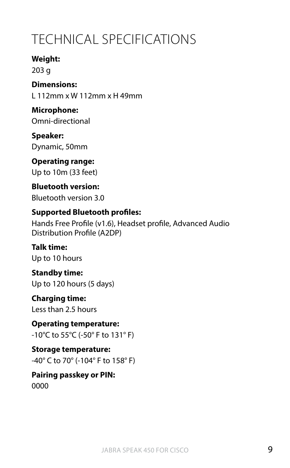 Technical specifications, English | Jabra SPEAK 450 for CISCO User Manual User Manual | Page 10 / 11