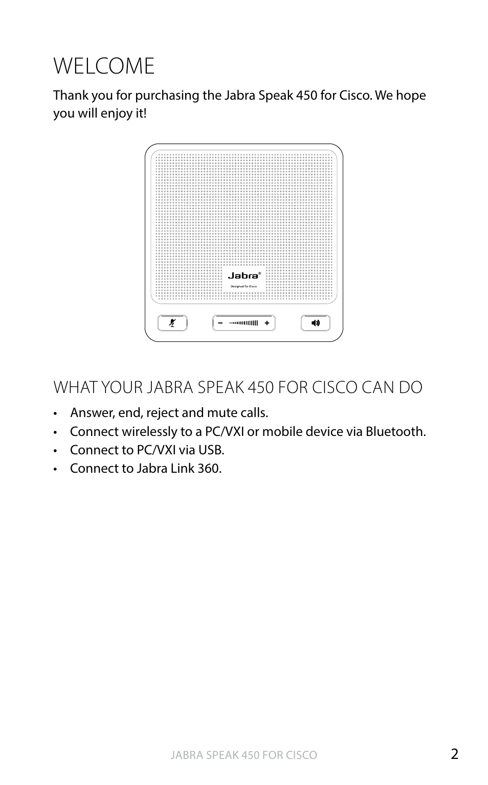 Welcome, English | Jabra SPEAK 450 for CISCO User Manual User Manual | Page 3 / 11
