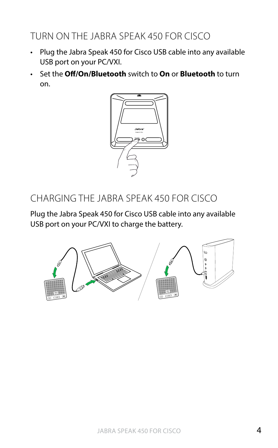 English, Turn on the jabra speak 450 for cisco, Charging the jabra speak 450 for cisco | Jabra SPEAK 450 for CISCO User Manual User Manual | Page 5 / 11