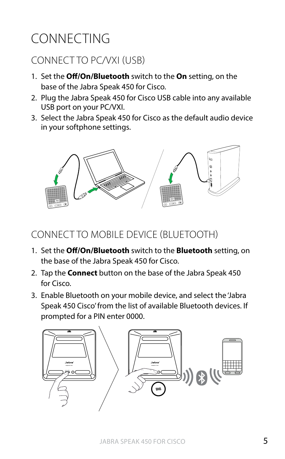 Connecting, English, Connect to pc/vxi (usb) | Connect to mobile device (bluetooth) | Jabra SPEAK 450 for CISCO User Manual User Manual | Page 6 / 11