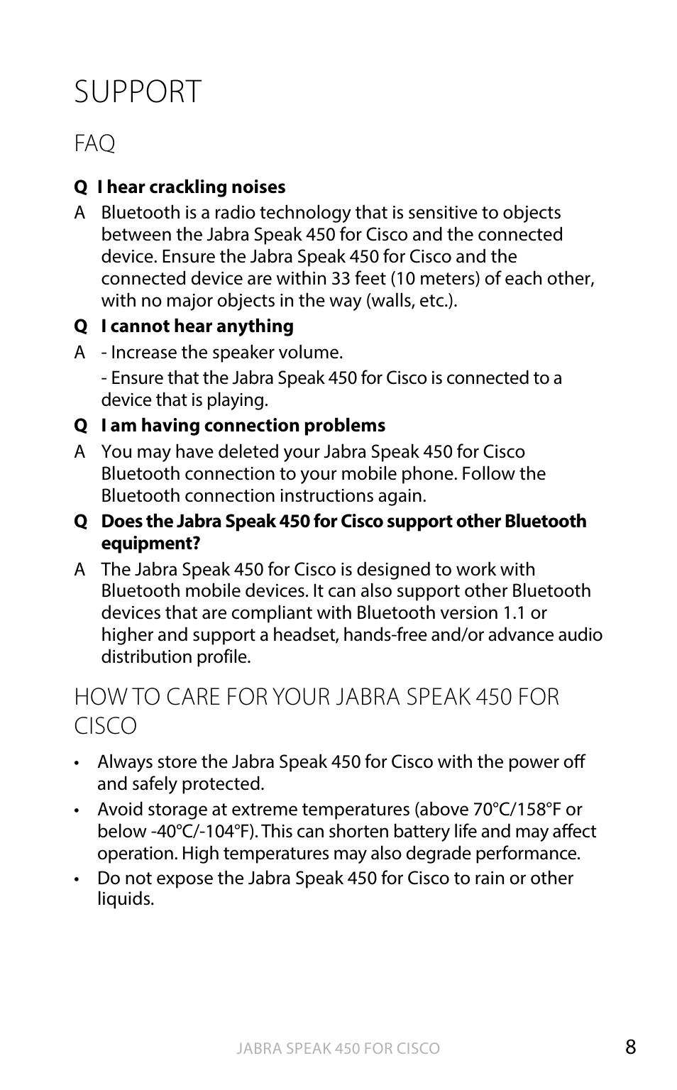 Support, English, How to care for your jabra speak 450 for cisco | Jabra SPEAK 450 for CISCO User Manual User Manual | Page 9 / 11